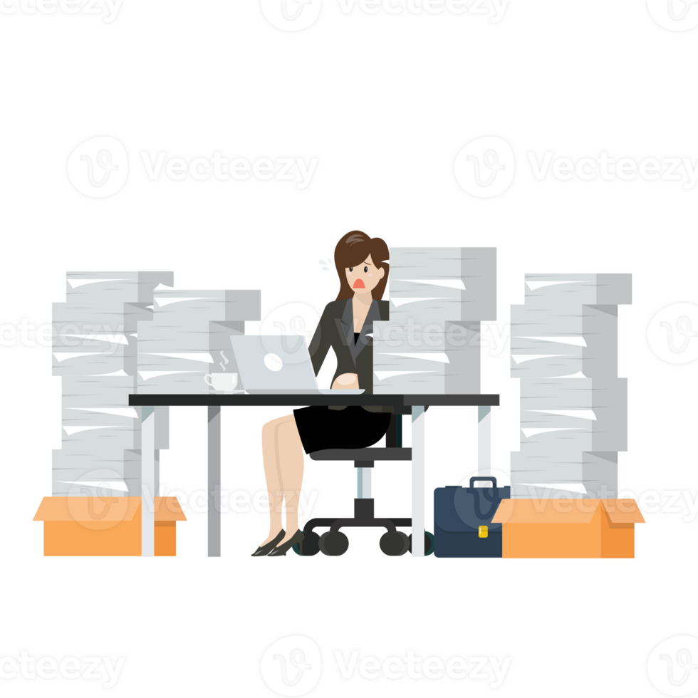 Busy overworked woman sitting at table with laptop and pile of papers png