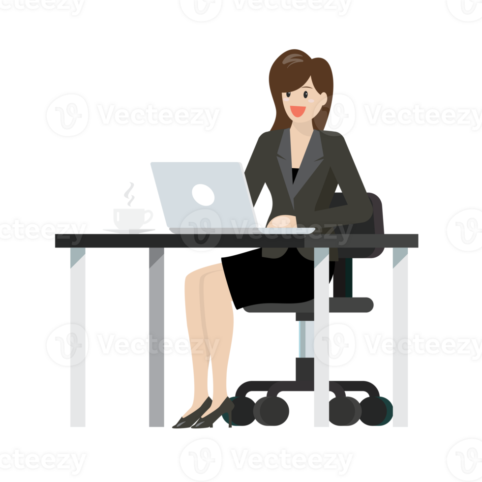 Business woman working on a laptop at office desk png
