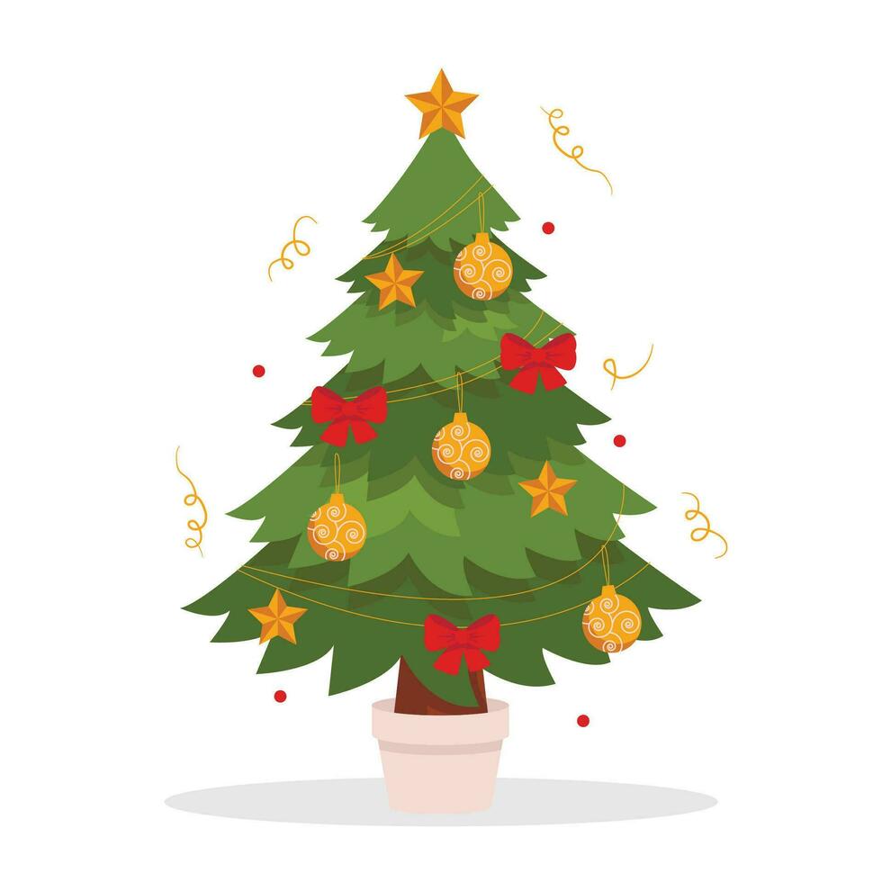 Beautiful Christmas tree decorated with balls, bows and stars. There are confetti all around. Vector graphic.