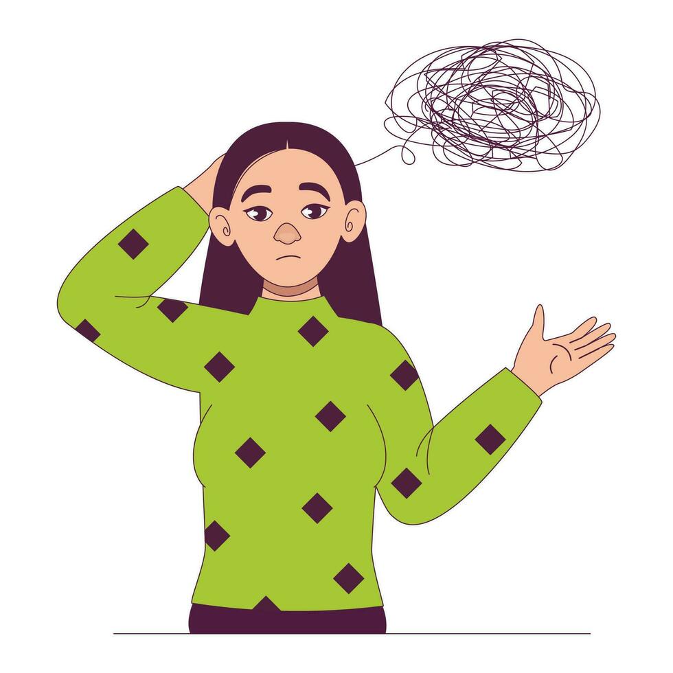 Woman thought. Confused thoughts. Problems. Overthinking. Vector graphic.