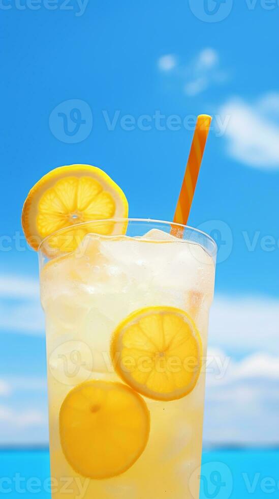 Bright Summer Image of Iced Lemonade in Glass with Lemon Slice and Straw AI Generative photo