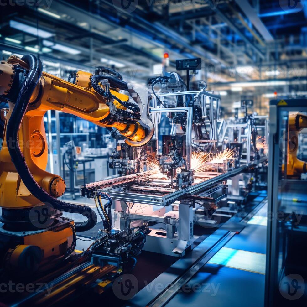 Vibrant display of intricate machinery on a modern, automated factory floor photo