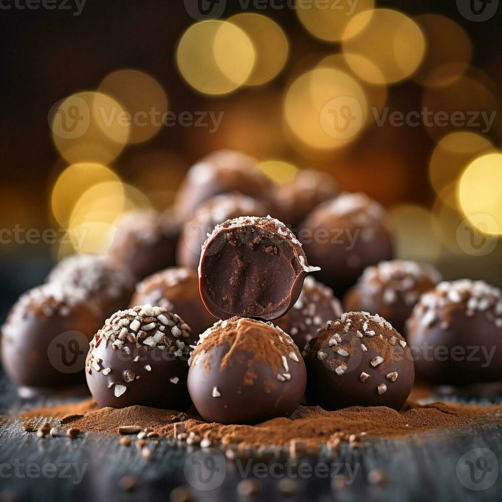 lujoso Leche chocolate trufas en brillante pulido superficie con bokeh efecto ai generativo foto