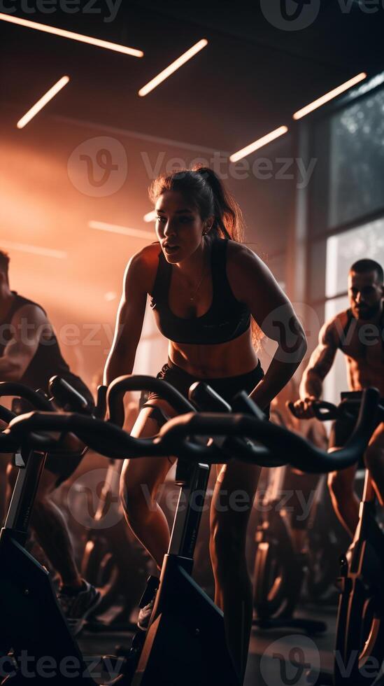 Alta intensidad trabajo en equipo - un moderno gimnasio rutina de ejercicio sesión ai generativo foto