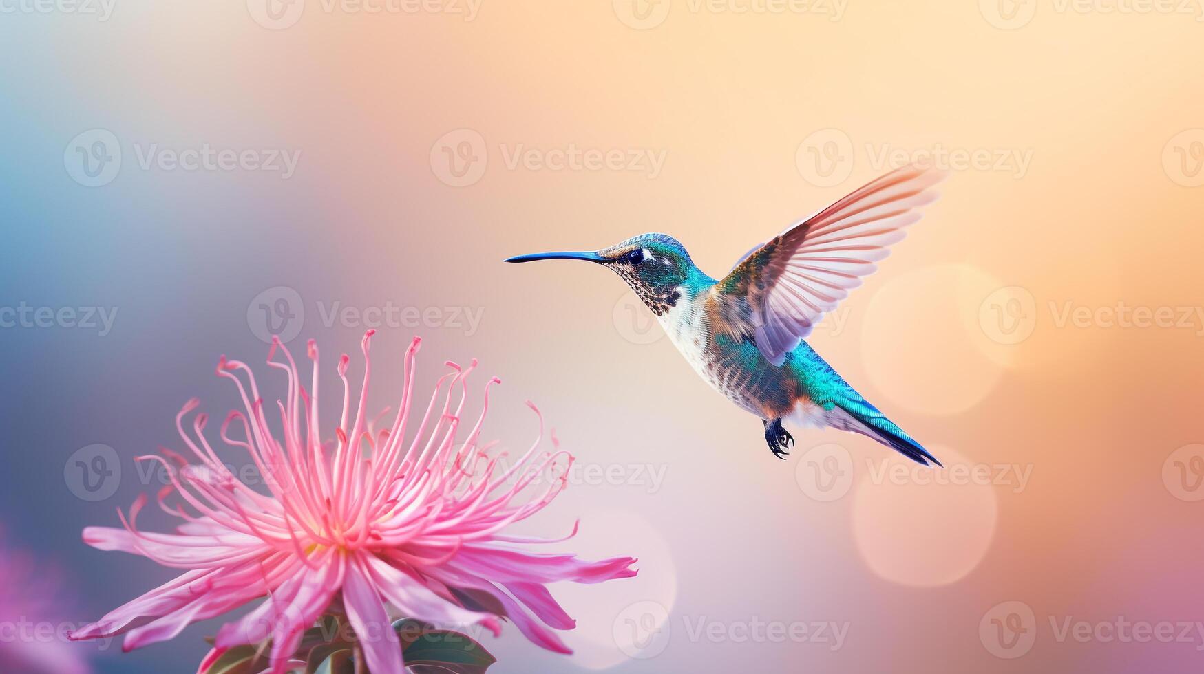 Minimalist capture of a hummingbird mid-flight sipping nectar from an exotic flower photo