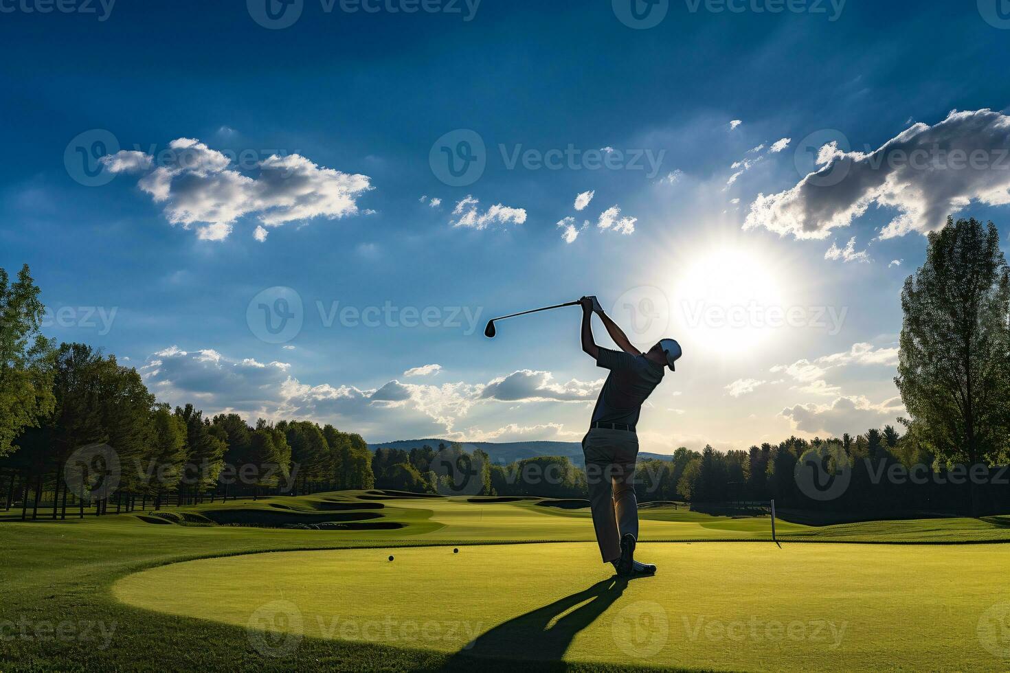 A Mid-Swing Golfer Silhouette Against a Vibrant Green Golf Course Under a Clear Blue Sky AI Generative photo