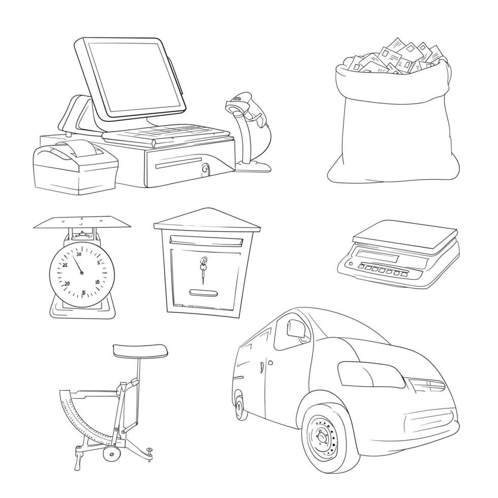 Hand drawn of cashier computer, bag, scales, post box, and car for post day template design vector