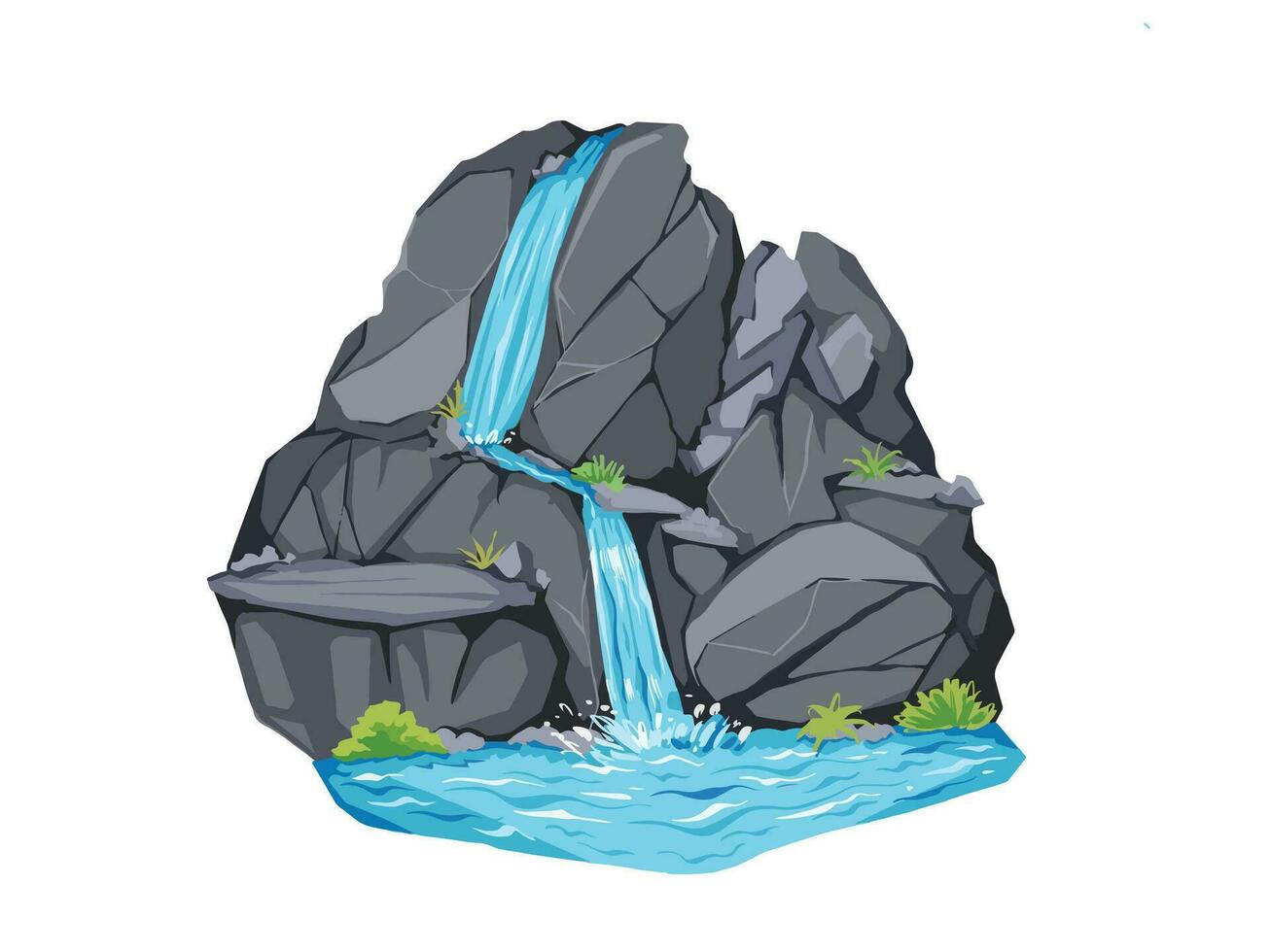 Beautiful waterfall with big dark gray rocks and small grasses plants decorations vector illustration isolated on horizontal white template. Simple flat cartoon scenery art drawing.