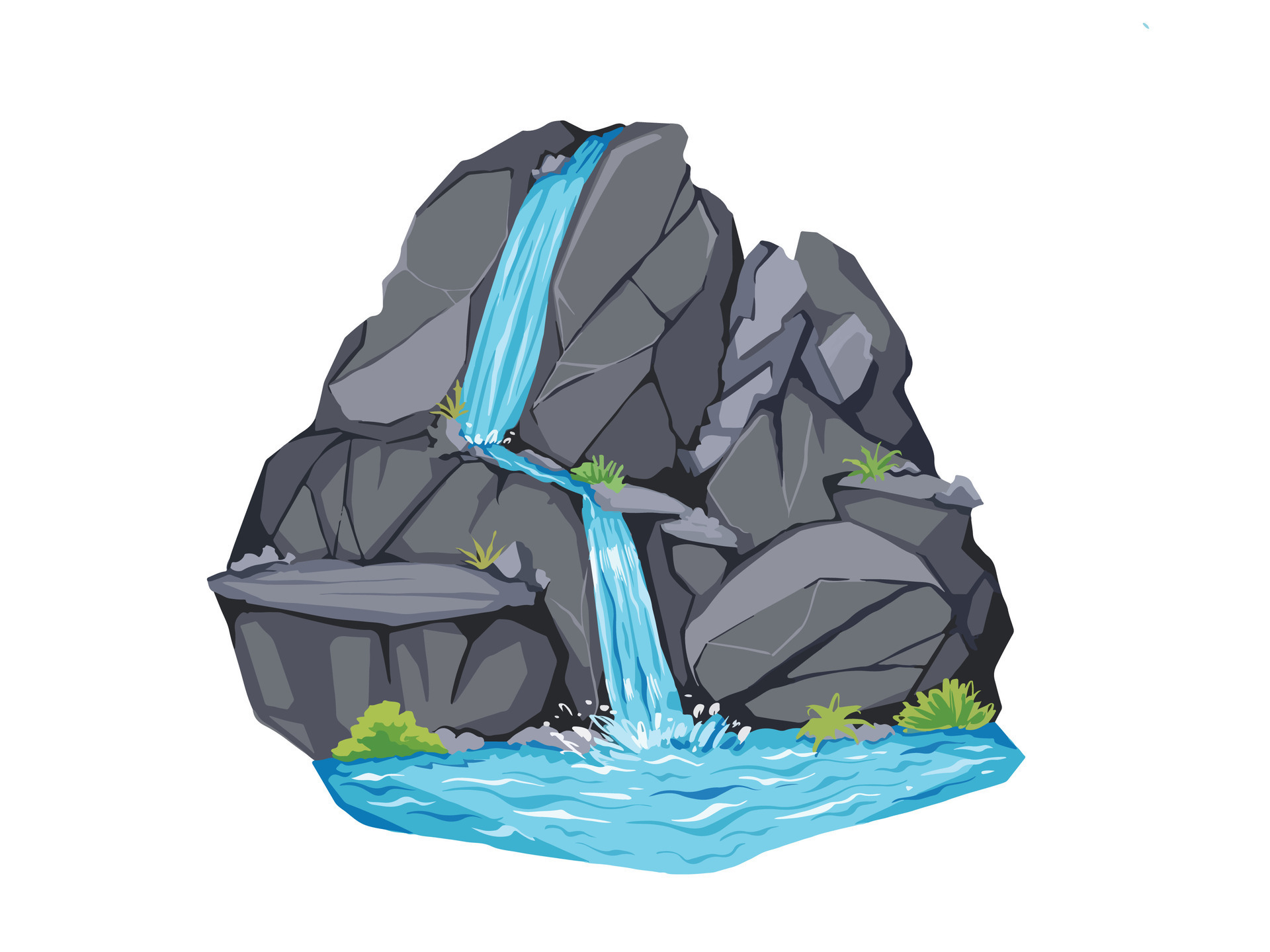 Beautiful waterfall with big dark gray rocks and small grasses plants ...