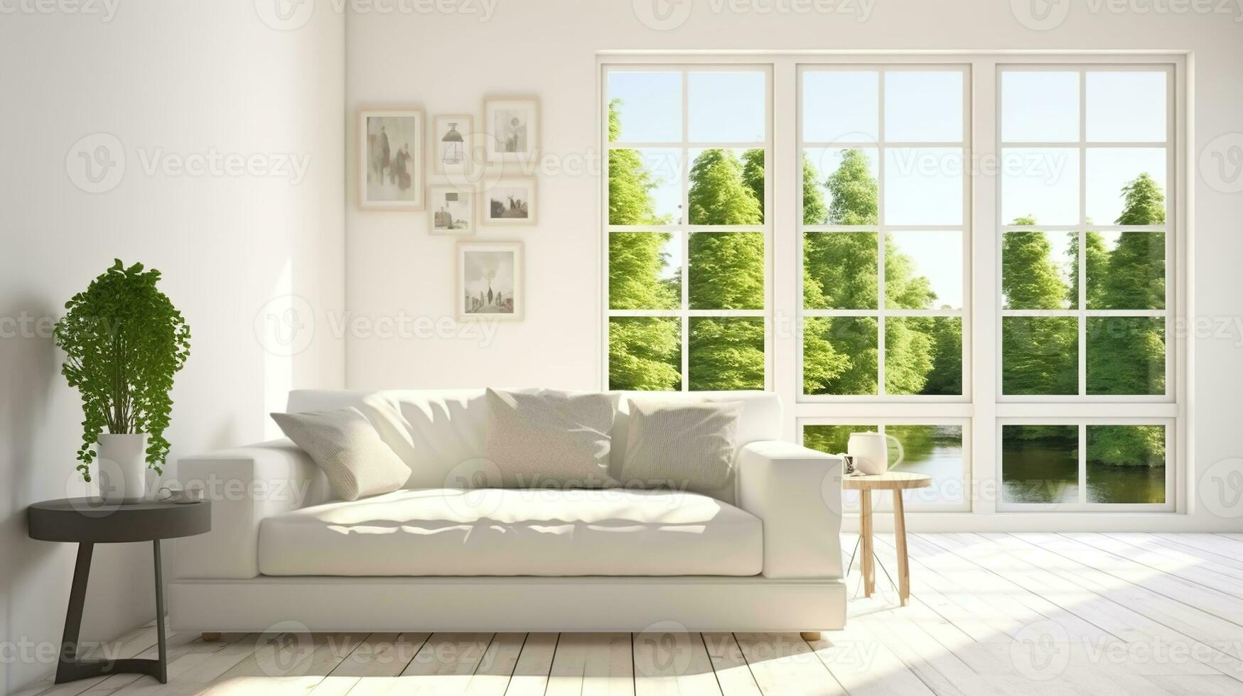 Idea of white room with sofa and summer landscape in window. Scandinavian interior design. Generative AI photo