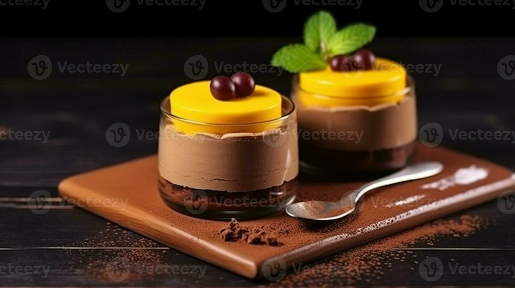 Mango and chocolate mousse on wooden black. Generative AI photo