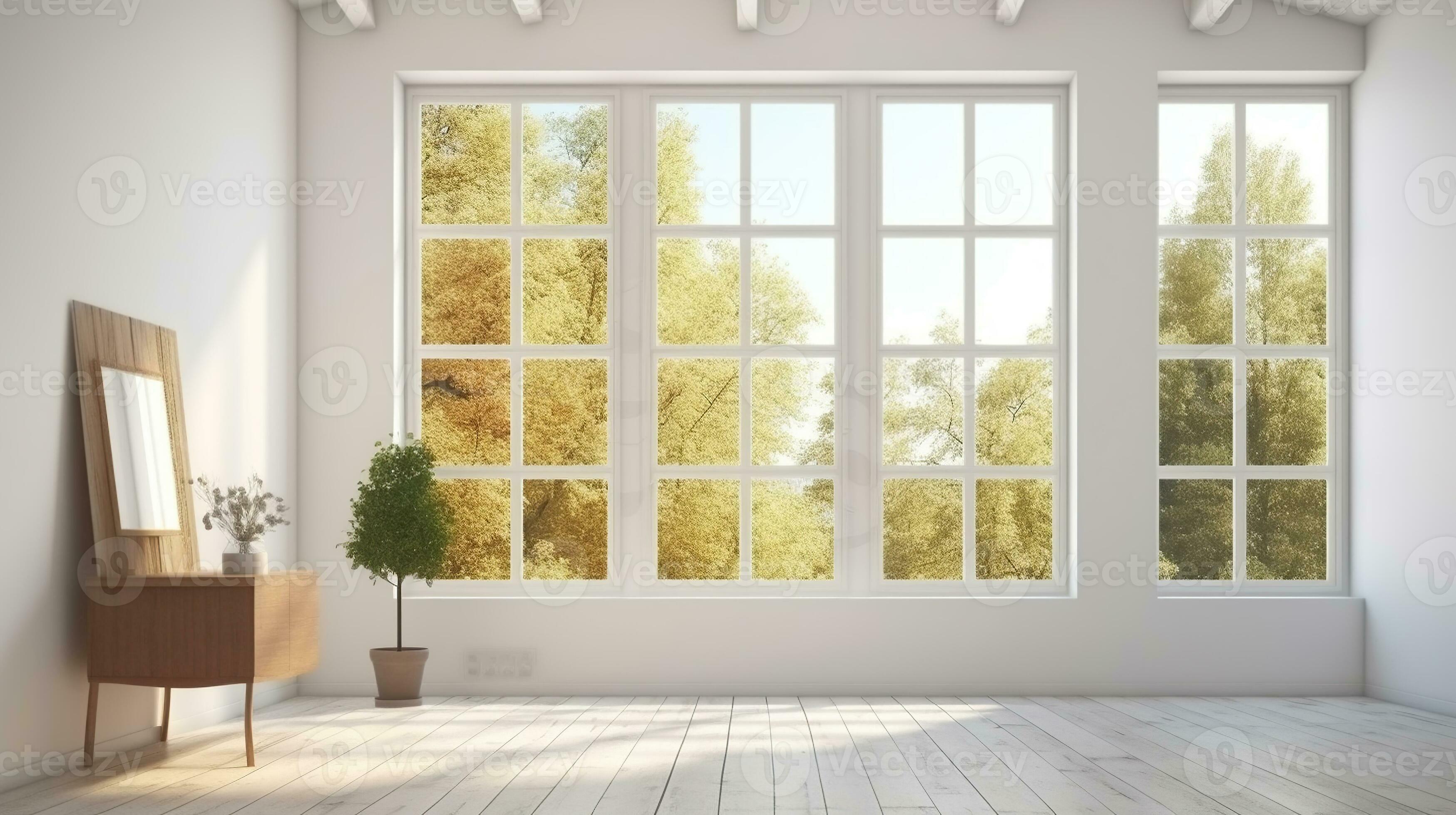 White empty room with summer landscape in window. Generative AI