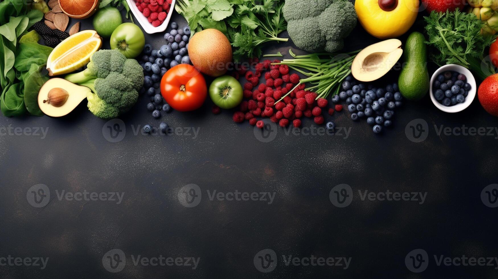 Healthy and fresh foods in a flat lay arrangement with a large copy space at the corner AI Generative photo