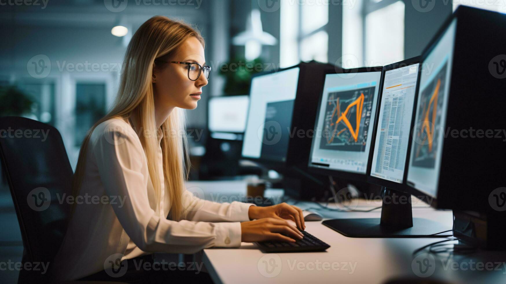 Woman at a technologically equipped workstation with ample top-side copyspace for creative business branding AI Generative photo