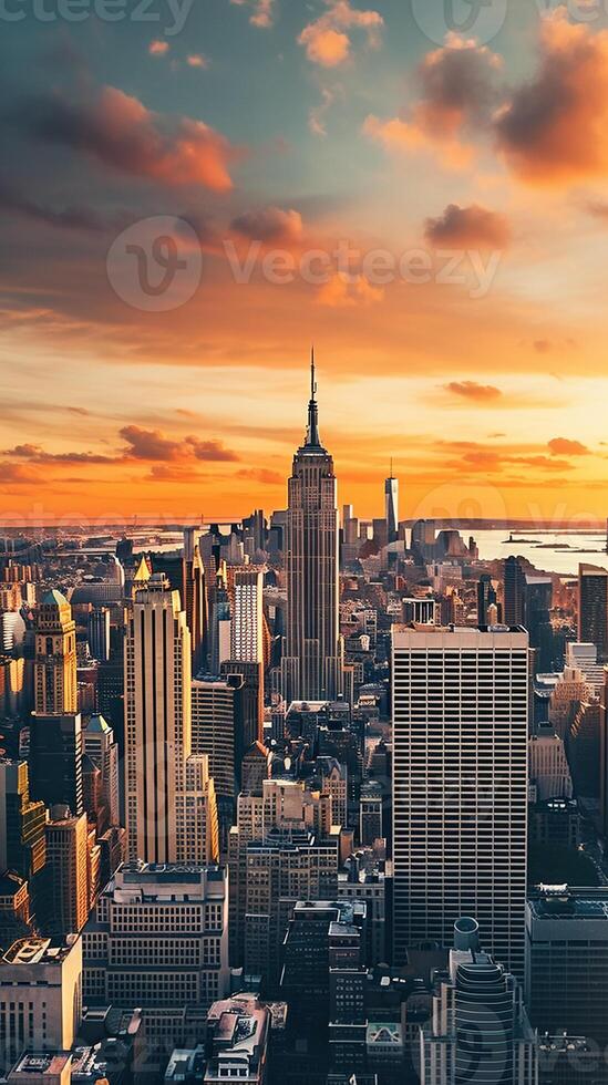 Vibrant panoramic cityscape of New York at sunset with iconic skyscrapers and generous copy space photo
