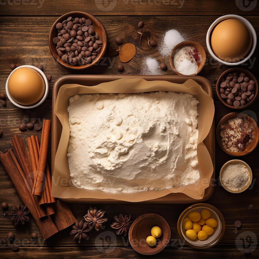 Top-down view of raw cookie dough and baking ingredients capturing the joy of baking photo