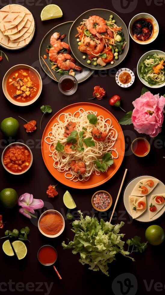 Overhead snapshot of international cuisine sushi pasta and tacos on a colorful tablecloth photo