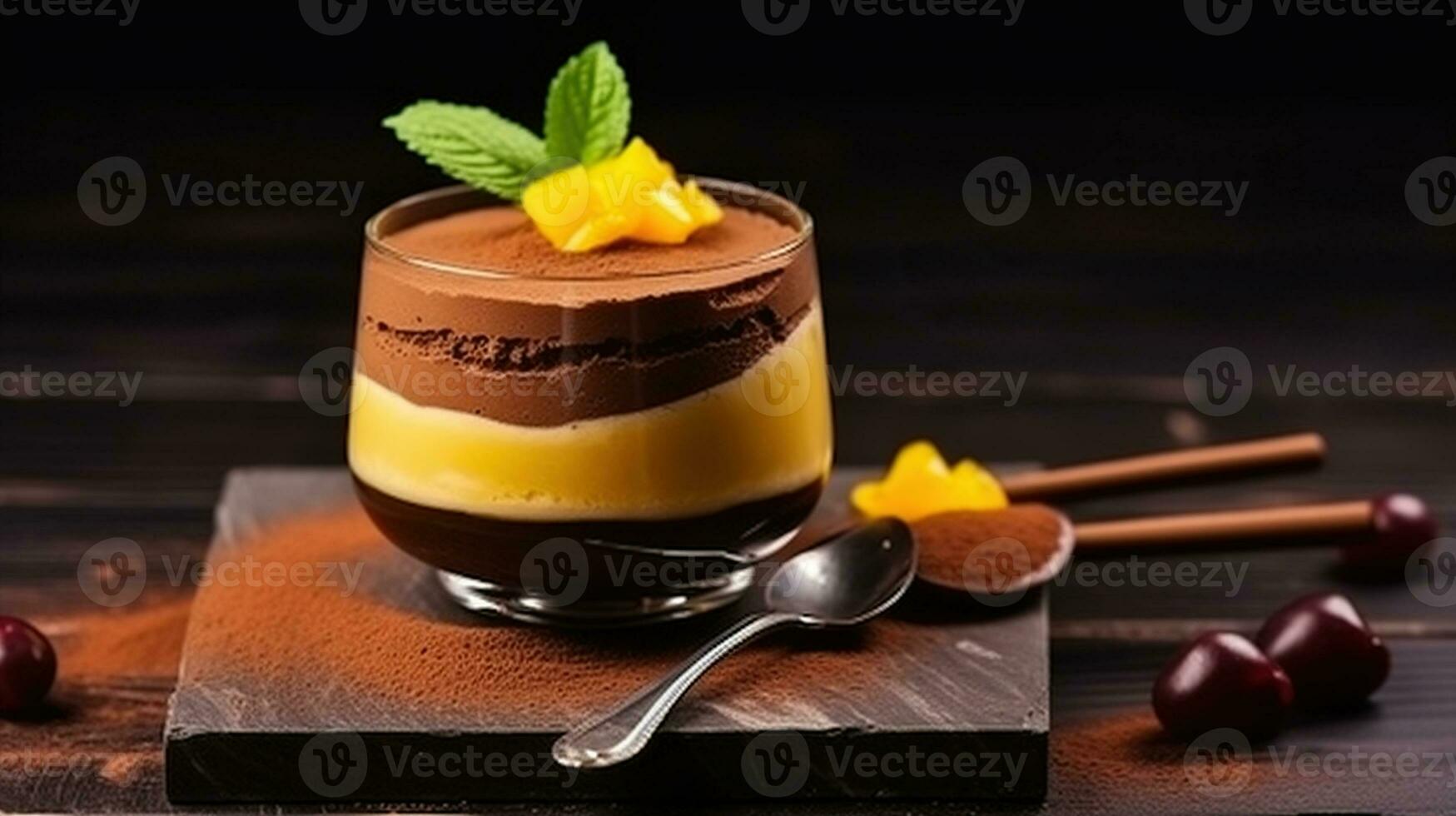 Mango and chocolate mousse on wooden black. Generative AI photo