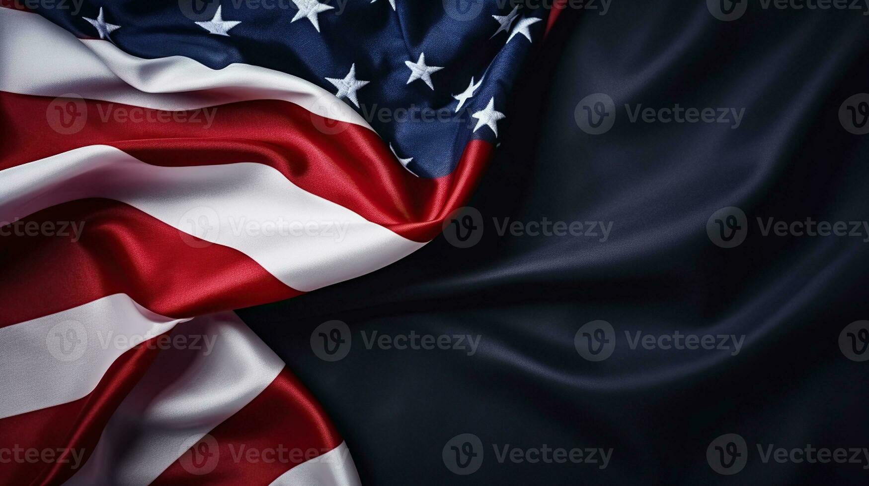 patriótico composición con alborotado americano bandera en negro antecedentes. 4to de julio independencia día concepto. fondo, generativo ai foto