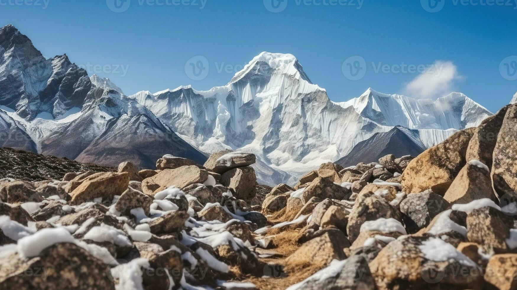 A Majestic Snow Peak Revealed through the Stones in the Valle, Generative AI photo
