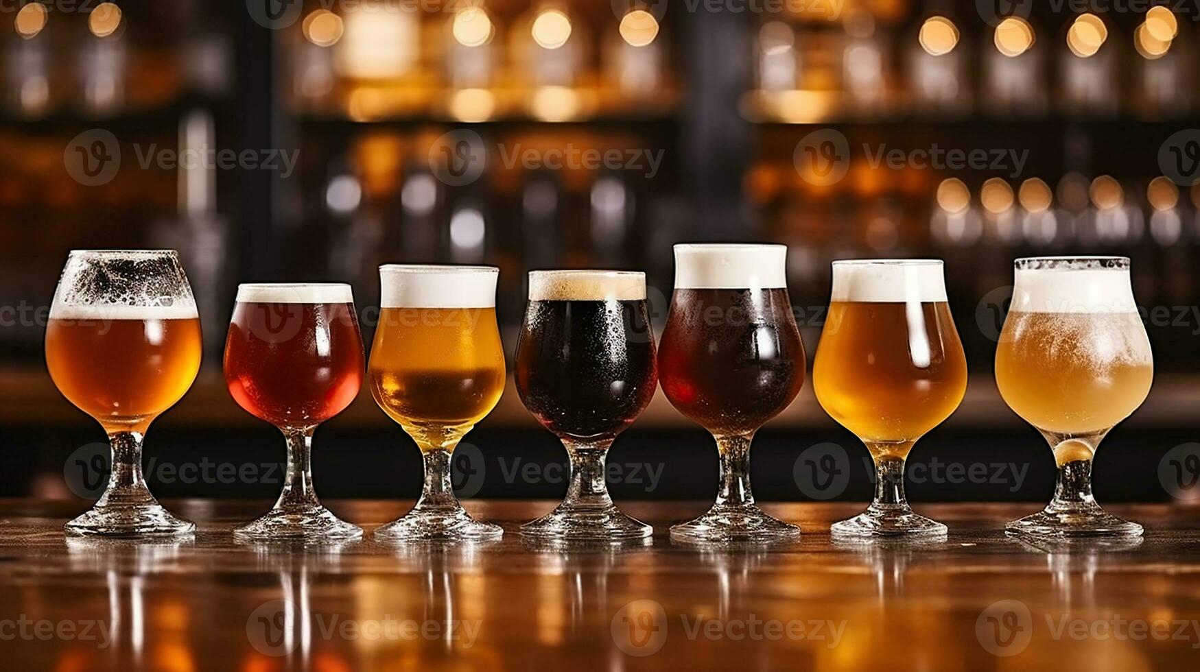 Different types of craft beer in glasses on table in pub interior in daylight. Generative AI photo
