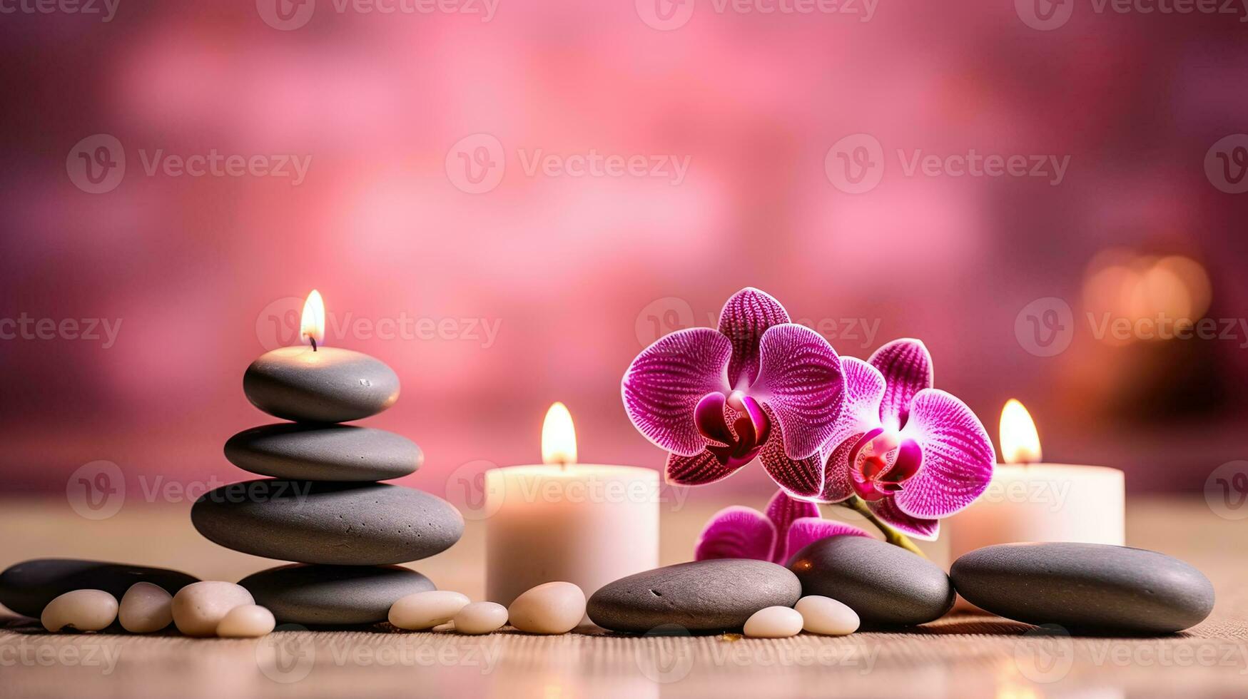 Spa still life with spa stones, burning candles and orchid. Generative AI photo