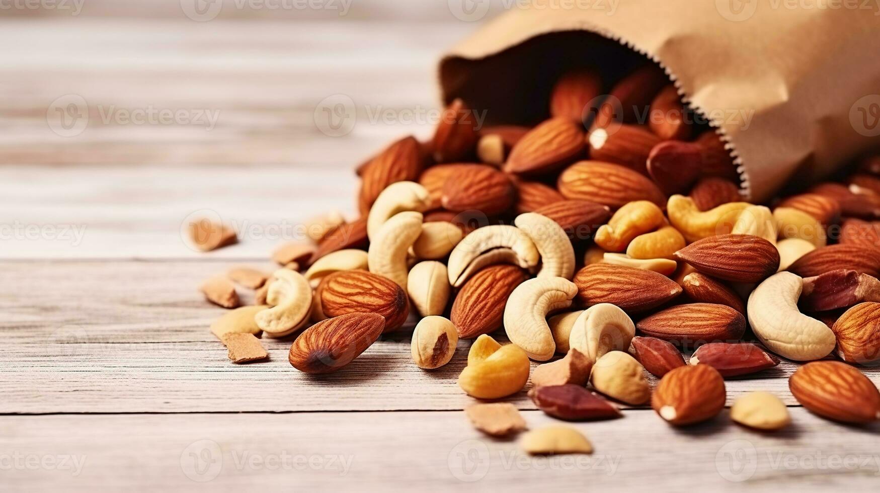 Mixed nuts in wooden bowl and scattered on table. copy space, top view. Generative AI photo