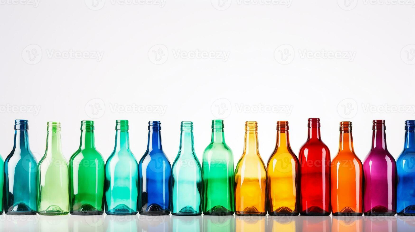 Spectrum of creativity - Vibrant glass bottles on a white backdrop with ample space for text AI Generative photo