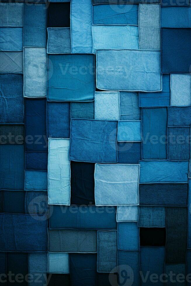 creativo labor de retazos de mezclilla texturas en varios sombras de azul, ideal para centrado en la juventud Moda anuncios ai generativo foto