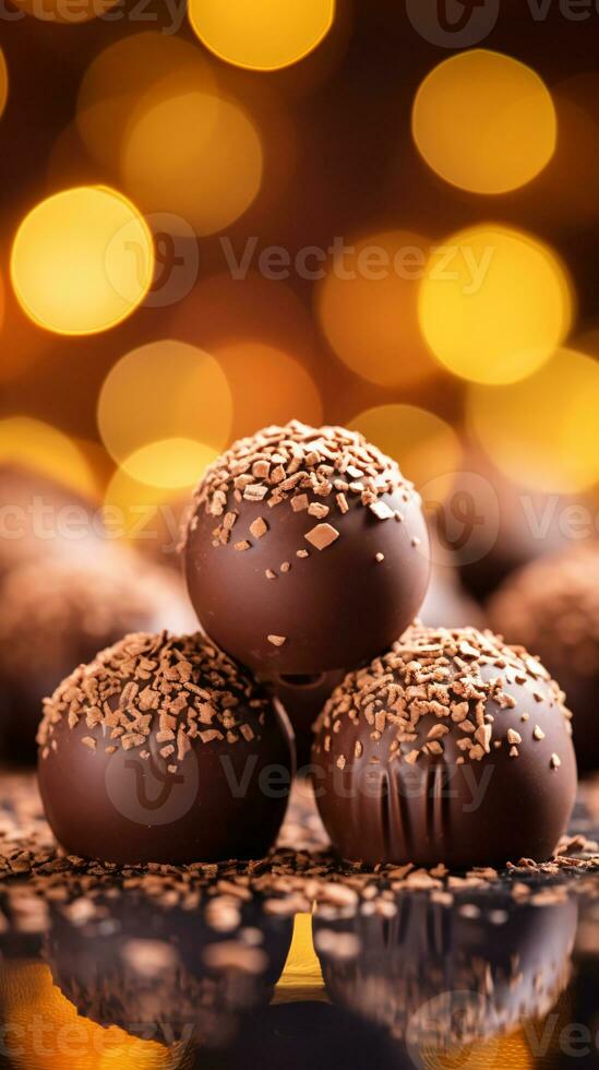 Luxurious Milk Chocolate Truffles on Bright Polished Surface with Bokeh Effect AI Generative photo