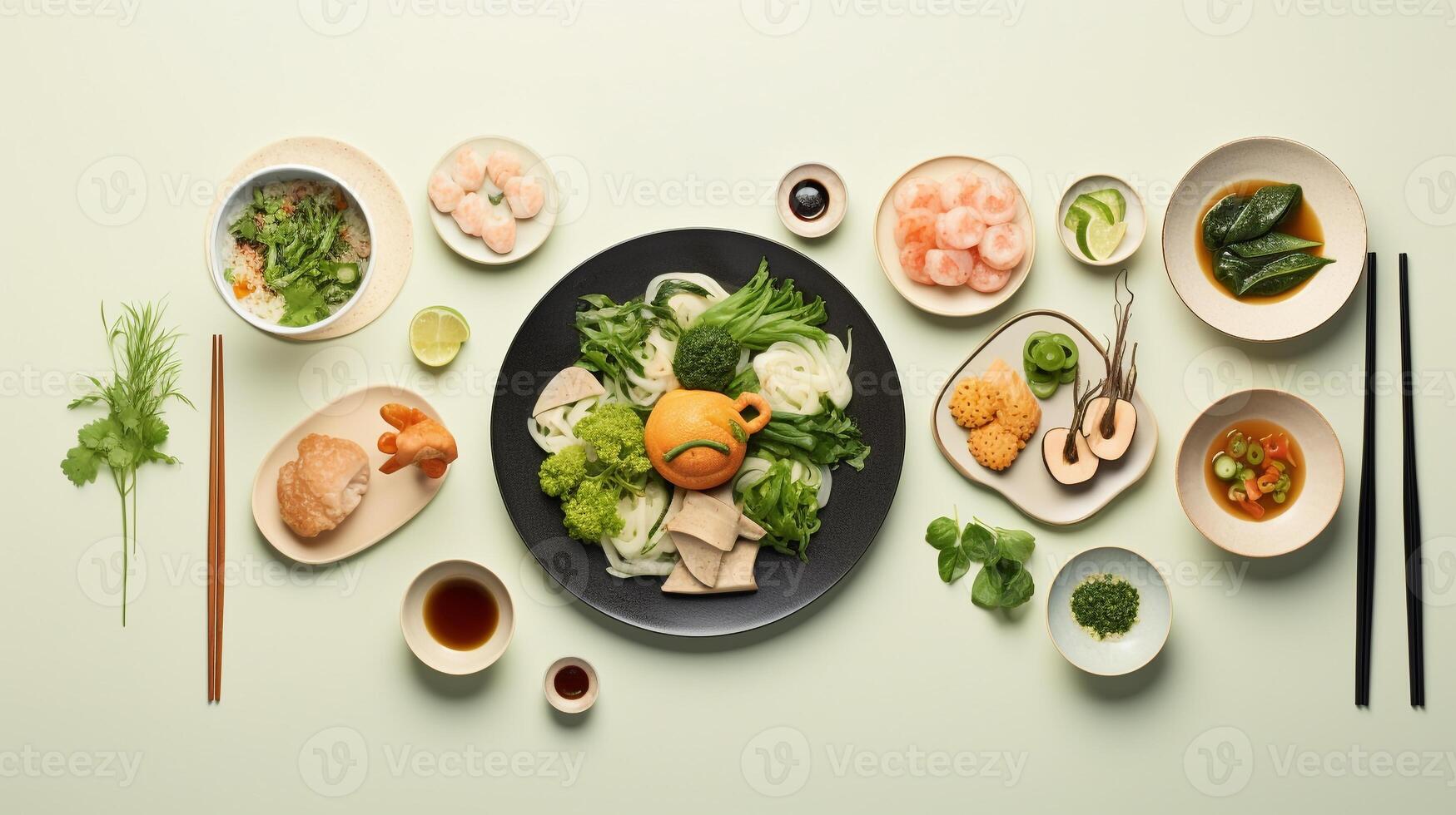 Top view of a simple Asian meal ramen dumplings and sushi illustrating diverse flavors photo