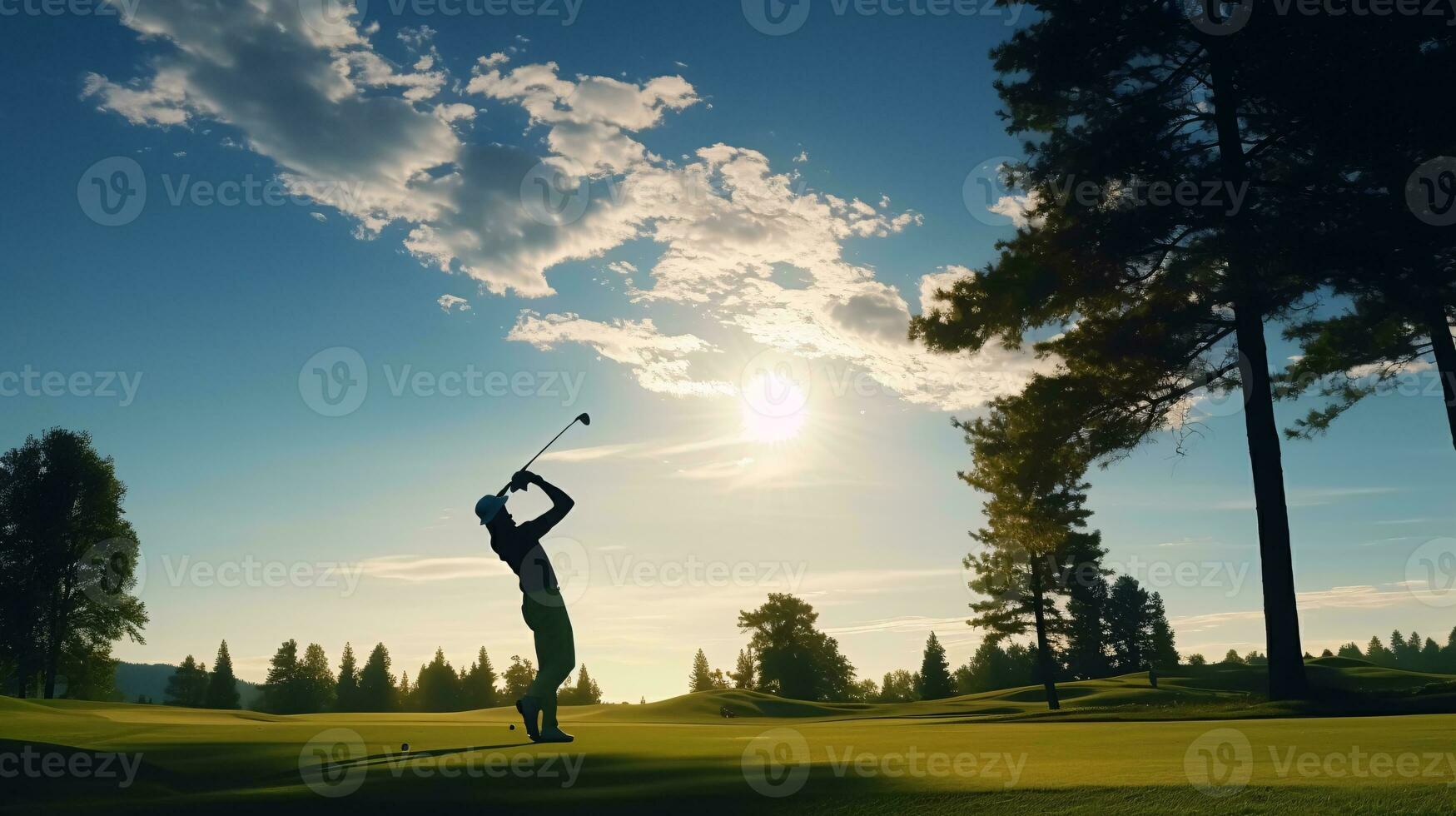 A Mid-Swing Golfer Silhouette Against a Vibrant Green Golf Course Under a Clear Blue Sky AI Generative photo