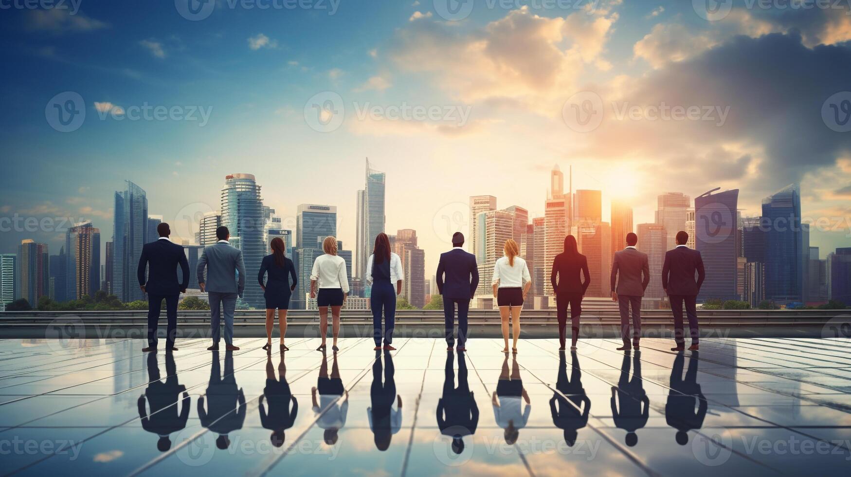 Business professionals on the start line of a running track against a cityscape photo