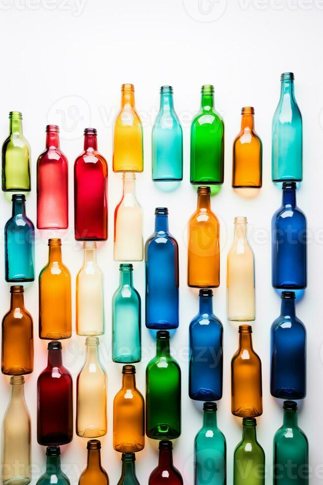 espectro de creatividad - vibrante vaso botellas en un blanco fondo con amplio espacio para texto ai generativo foto