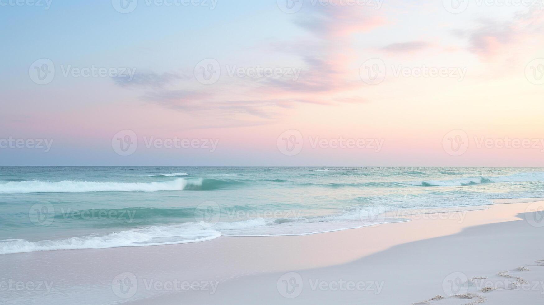 Tranquil beach scene at twilight with soft sunset colors blending into sky for ample copy space photo