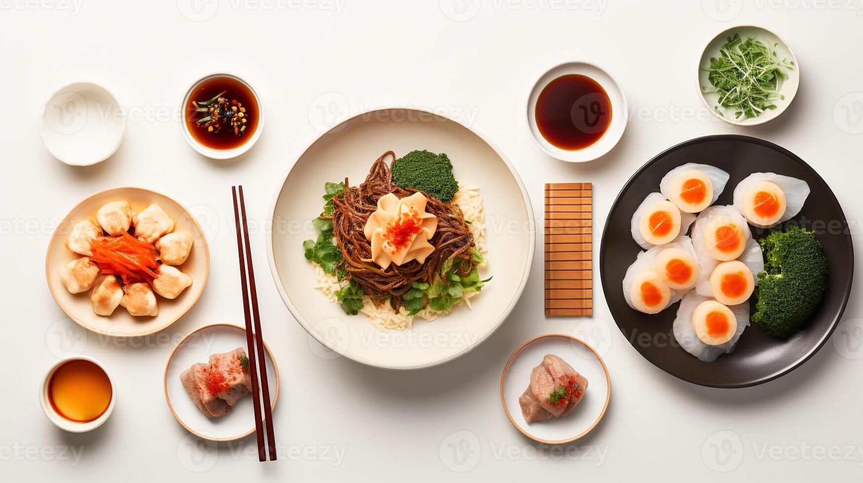 Top view of a simple Asian meal ramen dumplings and sushi illustrating diverse flavors AI Generative photo