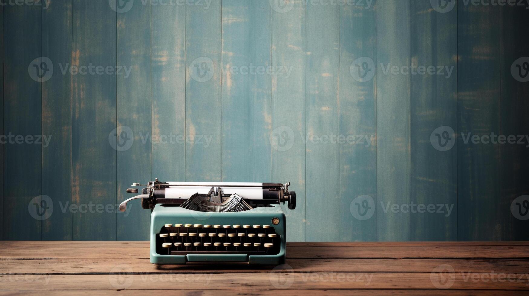 Vintage typewriter on rustic wooden background photo