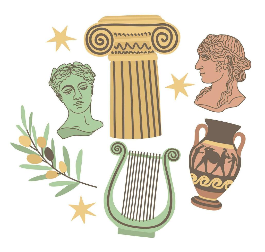 Antique collection. Statues, vase, column, olives, harp. Vector illustration