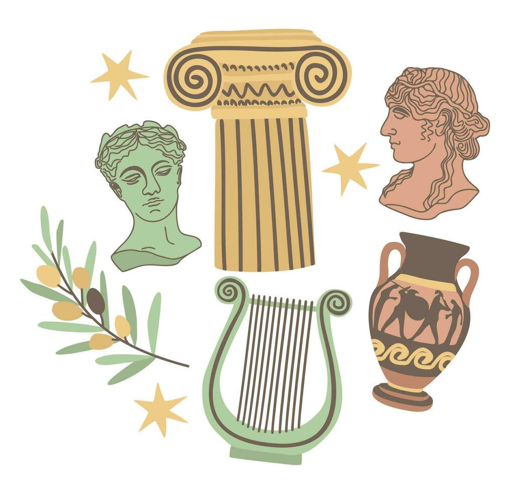 antiguo recopilación. estatuas, florero, columna, Olivos, arpa. vector ilustración