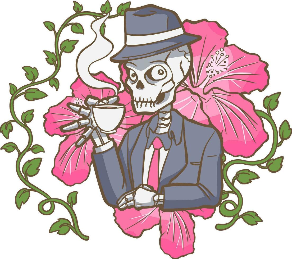 skeleton mafia drinking coffee  with hibiscus flower vector