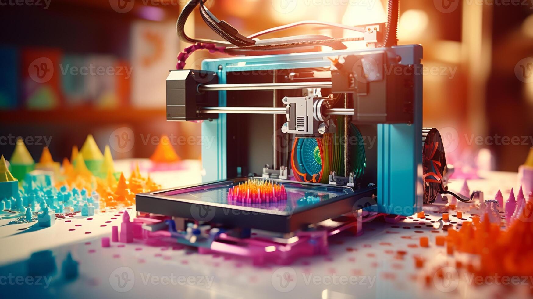 Artistic image of 3D printing process against a colorful backdrop photo