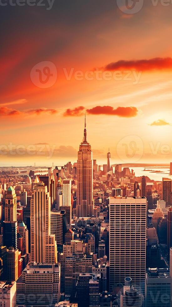 Vibrant panoramic cityscape of New York at sunset with iconic skyscrapers and generous copy space photo