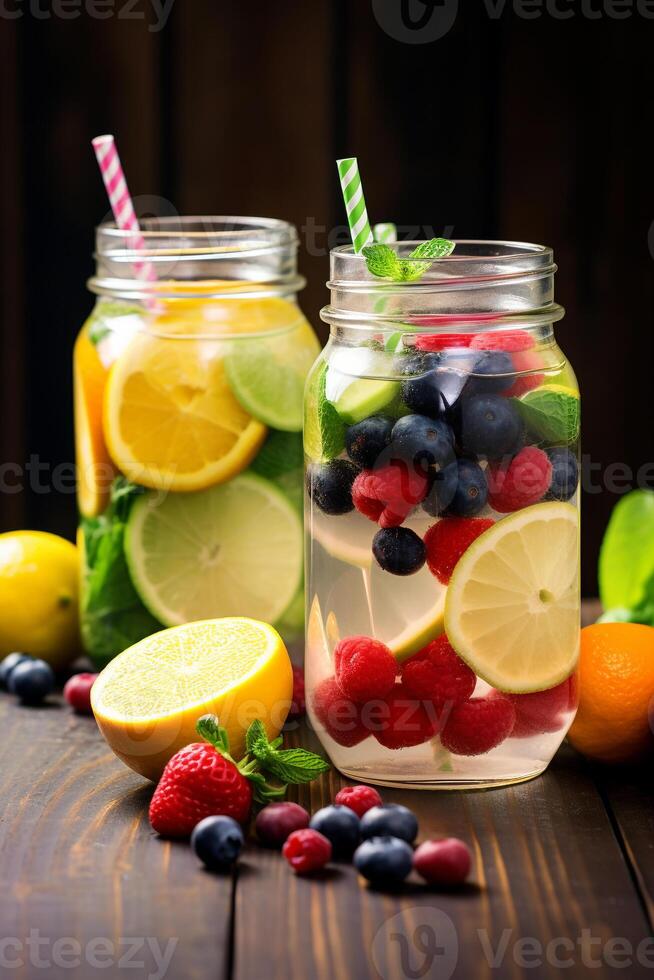 Trendy Assortment of Detox Fruit Water in Vibrant Mason Jars on a Rustic Wooden Tabletop AI Generative photo