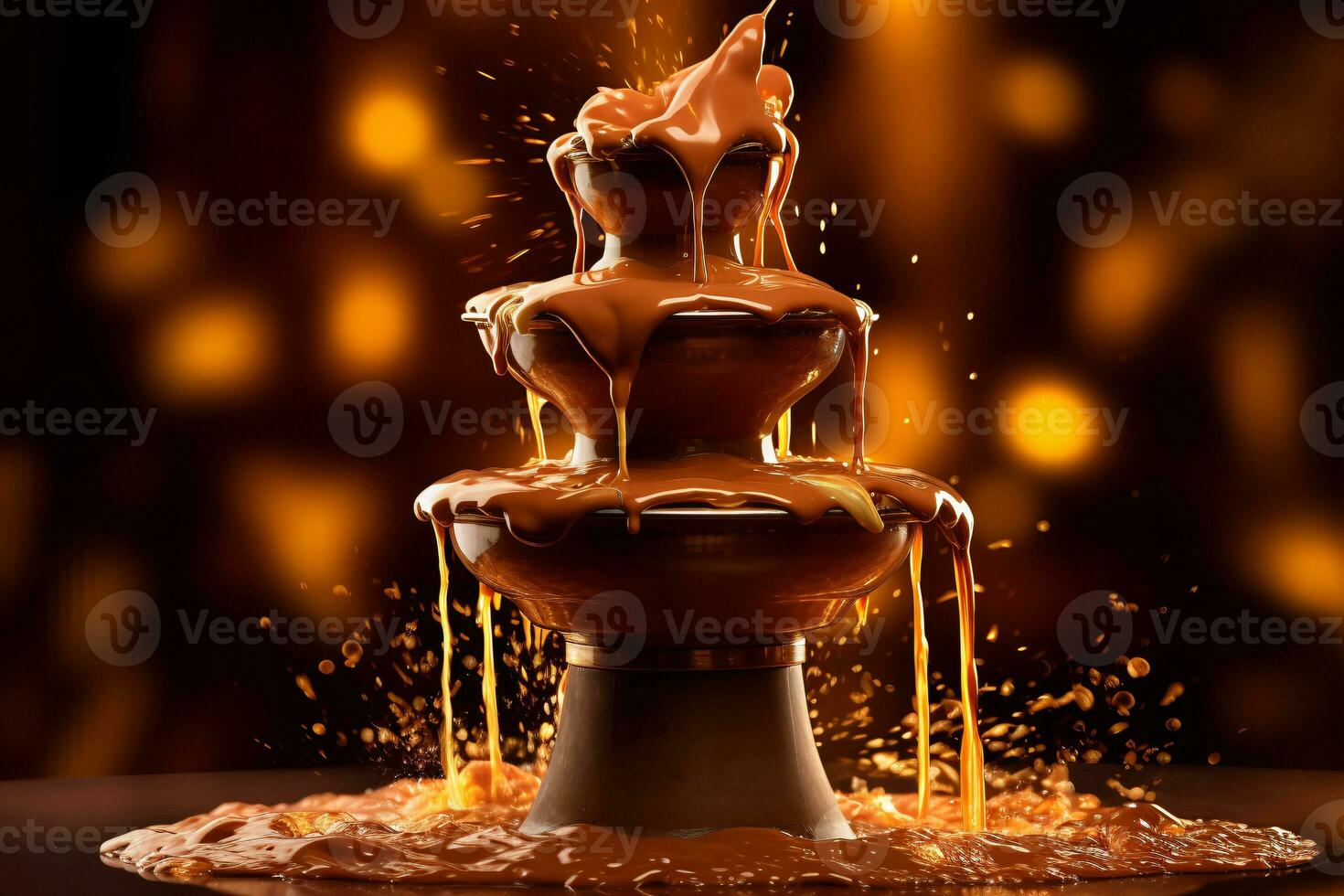 Chocolate Fountain Gushing Against Illuminated Backdrop with Left Copyspace AI Generative photo