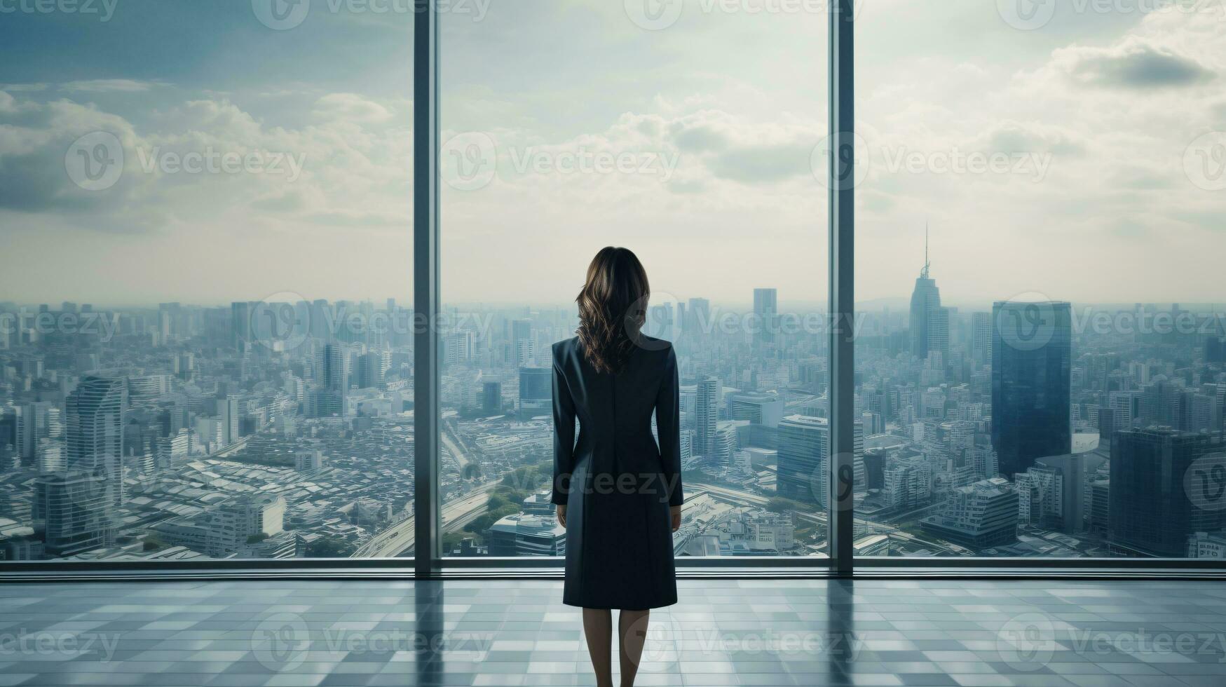 Backshot of a female leader against a panoramic window and expansive cityscape with ample copyspace AI Generative photo