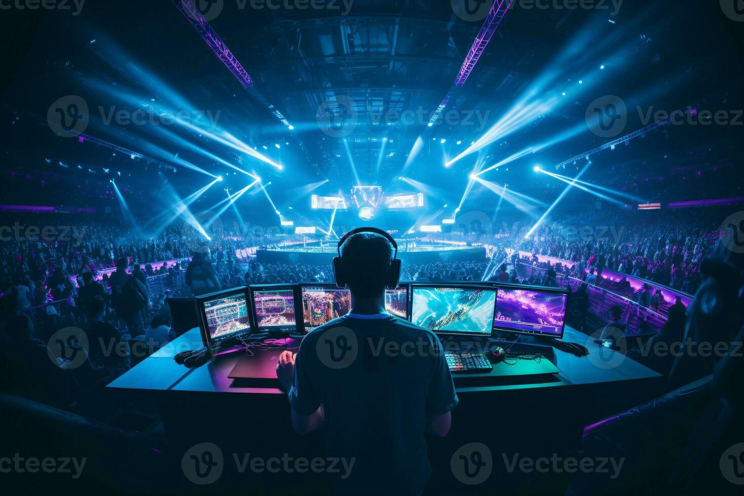 Neon Lit eSports Arena Showcasing Modern Gaming Battles and Cheering Crowd AI Generative photo