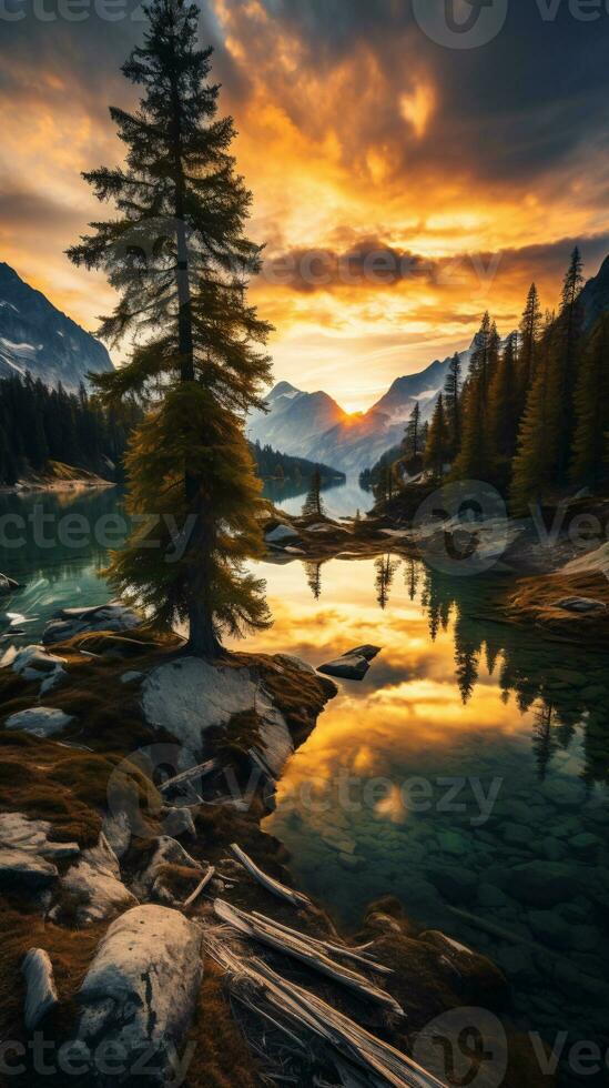 Ethereal Landscape Shot Capturing the Sun's Golden Hue Over Majestic Mountains and Serene Lakes AI Generative photo