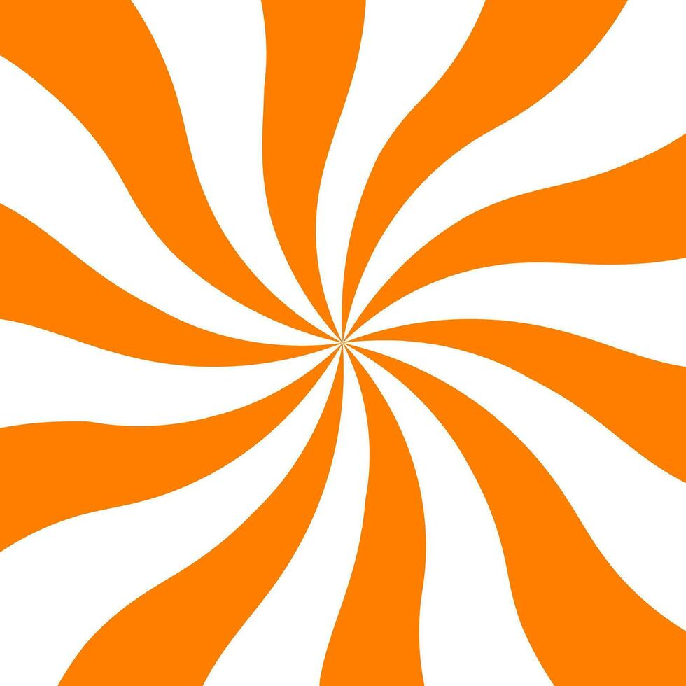 Orange swirling pattern background. Halloween color. Vortex starburst spiral twirl square. Helix rotation rays. Converging scalable stripes. Vector illustration