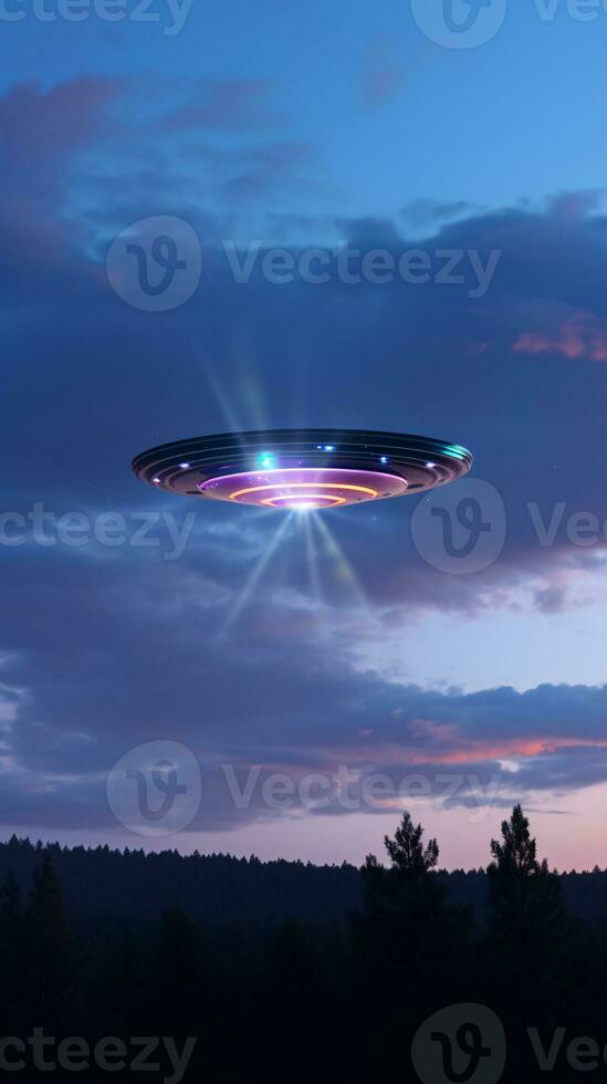Mysterious UFO sighting in the twilight sky emitting an iridescent glow and mesmerizing light patterns AI Generative photo