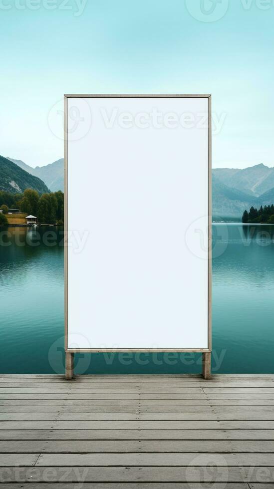 blanco cartelera dramáticamente posicionado a el final de un muelle con vista a un tranquilo lago ai generativo foto